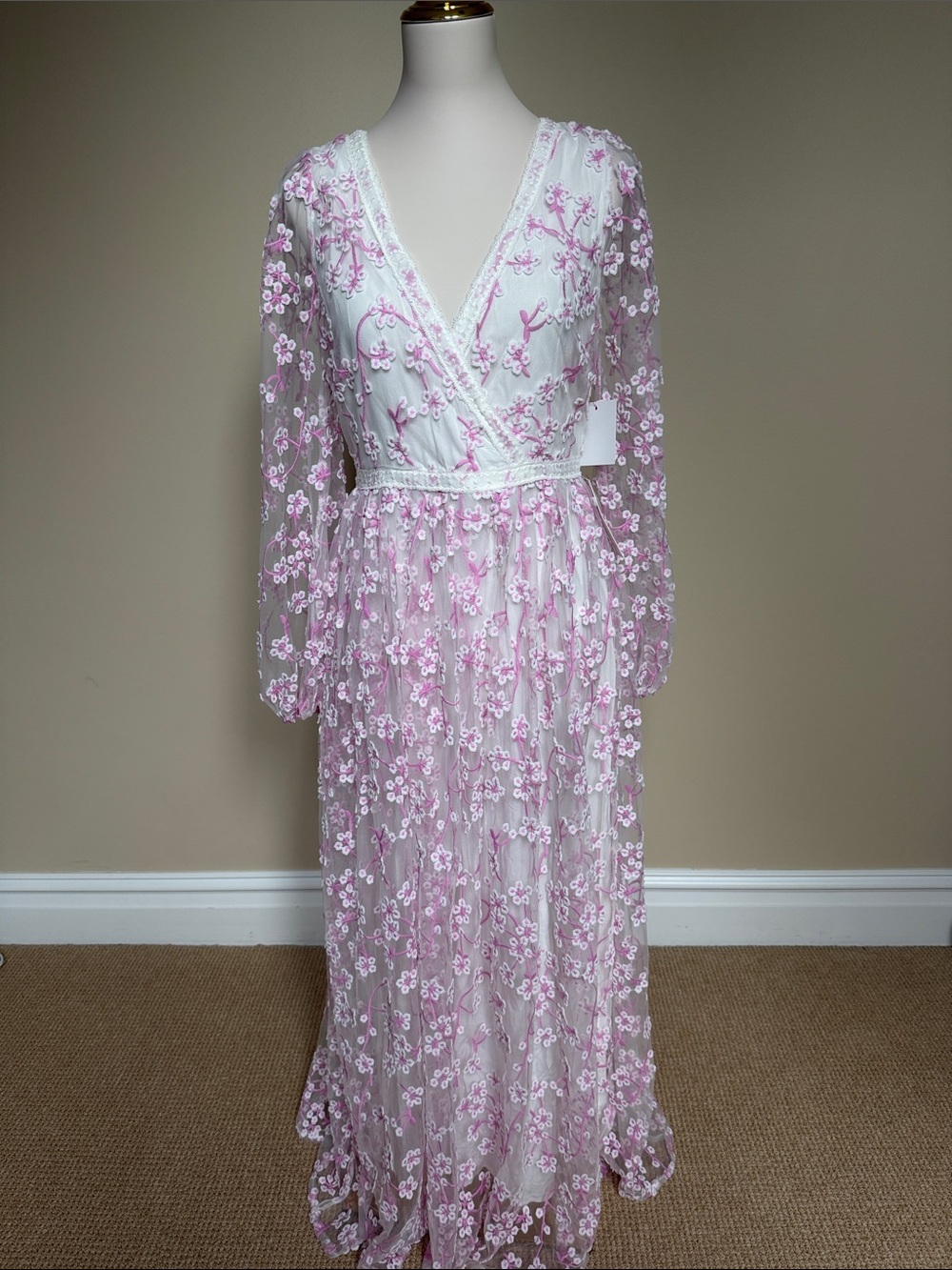 NWT Just Me Pink Floral Embroidered Lace Maxi Dress Size M